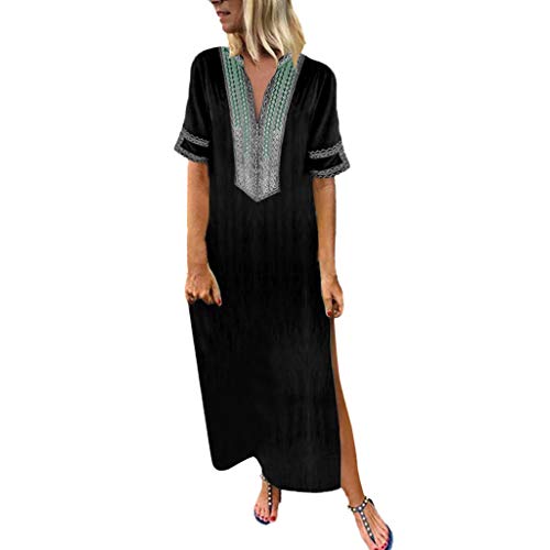 Vestido bohemio de verano para mujer, talla grande, S-5XL, casual, cuello en V, vestido dividido, vintage, étnico, floral, para mujer, suelto, manga corta, largo, maxi kaftan