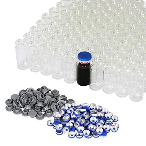 Viales de vidrio de 10ml, 10ml Viales de vidrio transparente con espacio de cabeza de 10ml con tapas abatibles y tapones de goma, paquete de 100, Vial de laboratorio de fondo plano de 20mm