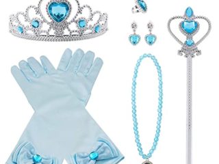 Vicloon 9 Pcs Princesa Vestir Accesorios Regalo Conjunto de Belleza Corona Sceptre Collar Guantes para Niña - Azul