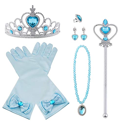 Vicloon 9 Pcs Princesa Vestir Accesorios Regalo Conjunto de Belleza Corona Sceptre Collar Guantes para Niña - Azul