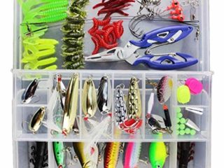 Vicloon Señuelos de Pesca, 120 Piezas Kits de Señuelos Pesca Accesorios Cebos Artificiales Articulos de Pesca Incluido la Caja Tackle, Ganchos, Tijeras, Cebos, Popper, Grillos y más