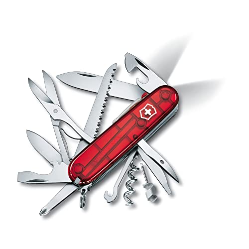 Victorinox Huntsman Lite Navaja con 21 funciones, incluyendo hoja, gancho multiusos y luz LED, color rojo transparente