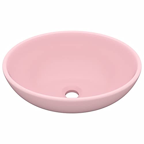 vidaXL Lavabo de Lujo Ovalado Tocador Montado Encima Piedra Vasija Aseo Indoro Cocina Garaje Fácil de Limpiar Moderno Cerámica Rosa Mate