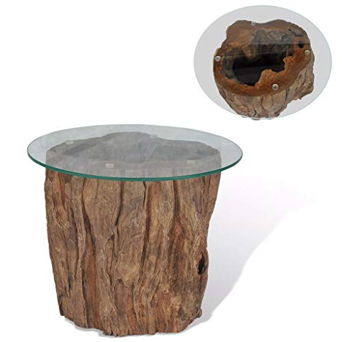 vidaXL Mesa Centro Tronco Arbol 50x40 cm Madera Teca Vidrio Mesita Mesilla Mueble Auxiliar