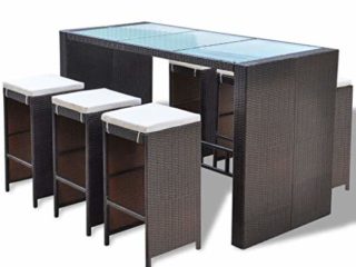 vidaXL Mesa y Sillas Altas para Jardín 7 Piezas con Cojines Poli Ratán Sintético Marrón Juego de Muebles de Bar de Exterior Patio Terraza Tipo Mimbre