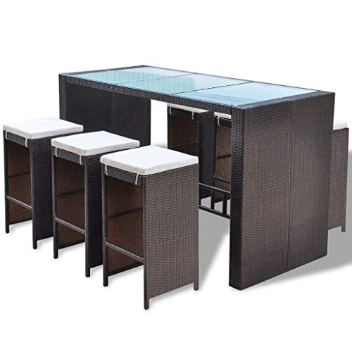 vidaXL Mesa y Sillas Altas para Jardín 7 Piezas con Cojines Poli Ratán Sintético Marrón Juego de Muebles de Bar de Exterior Patio Terraza Tipo Mimbre
