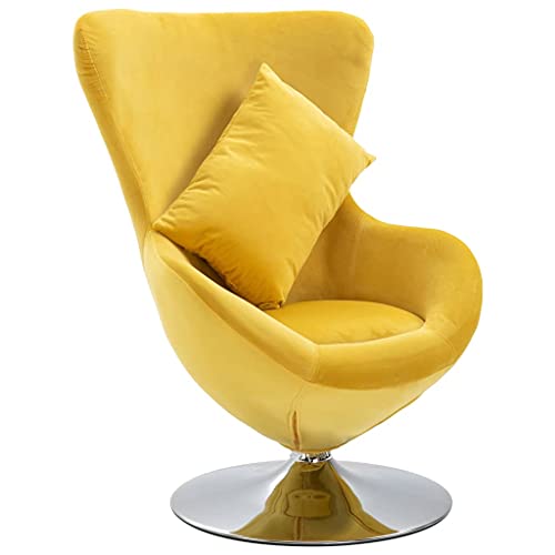 vidaXL Sillón Egg Giratorio Tapizado Terciopelo Cojín Diseño Clásico Forma Huevo Réplica Arne Jacobsen Base Redonda Cromada Asiento Acolchado Amarillo