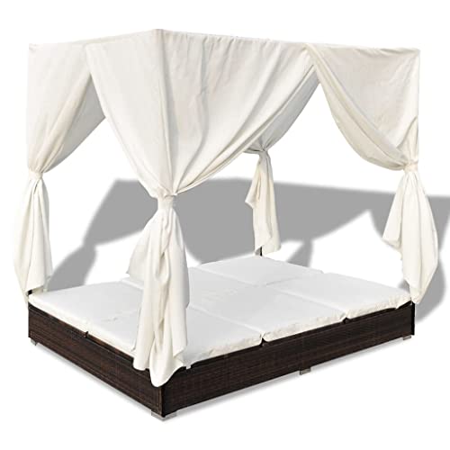 vidaXL Tumbona con Toldo y Cortinas Ratán PE Marrón y Blanca Cama de Jardín