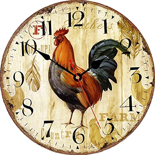 VIKMARI Reloj de Pared silenciosa para no tictac - ejecución del Caballo del patrón Pared de la Cocina Calidad del Reloj de Cuarzo con Pilas del Reloj de Pared Redondo 8 Inch Gallo rústico