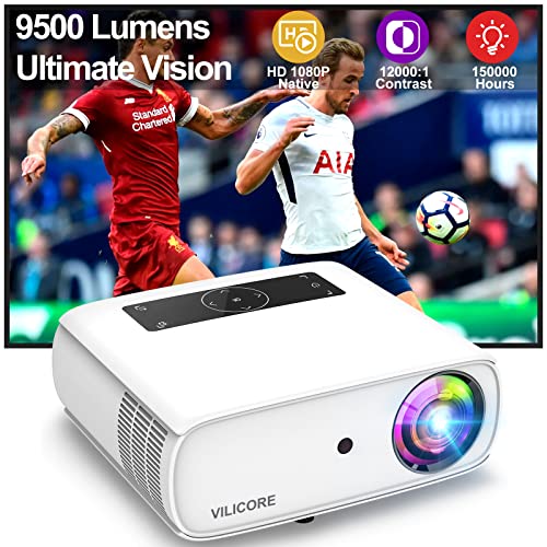 VILICORE Proyector 1080P Nativo Full HD,9500 Lúmenes Proyector Soporta 4k 350" LED 150000 Horas Home Theater Proyector Compatible con Smartphone/ PC/Laptop/PS4/TV Stick/Excel/ PPT