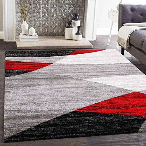 VIMODA Alfombra Moderna de diseño con Dibujo geométrico en Gris, Blanco, Negro y Rojo - Material Certificado ÖKO Tex, Maße:60 x 110 cm