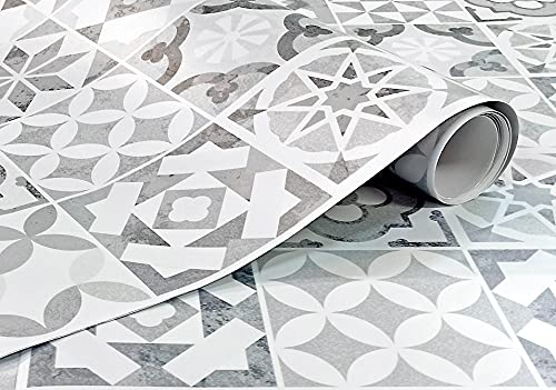 Vinilo Decorativo Hidraulico Blanco Vintage 62x250 cm Para Pared y Muebles Papel Autoadhesivo Impermeable Textura Imitación (250x62 cm, Baldosa Hidráulica blanca)