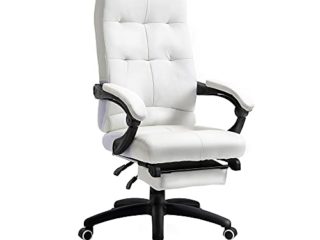 Vinsetto Silla de Oficina Ergonómica Silla de Escritorio Giratoria con Altura Ajustable Función de Inclinación Reposabrazos y Reposapiés Piel Sintética 65x65x118-125 cm Blanco