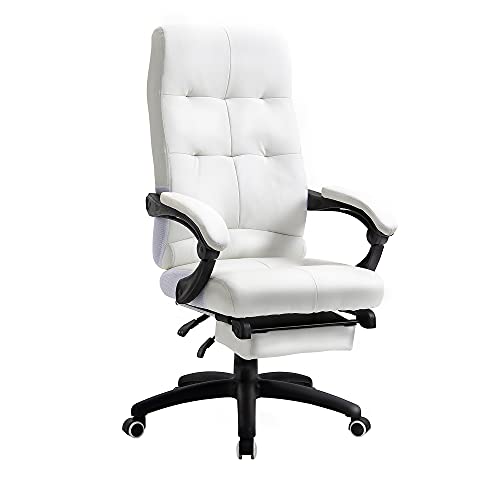 Vinsetto Silla de Oficina Ergonómica Silla de Escritorio Giratoria con Altura Ajustable Función de Inclinación Reposabrazos y Reposapiés Piel Sintética 65x65x118-125 cm Blanco