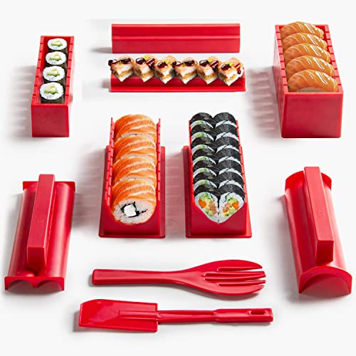 Virklyee Sushi Maker kit 10pcs 5 Formas únicas de Kit para Hacer Sushi Molde Inicio Hacer Sushi Kit Sushi kit del fabricante Fácil y divertido DIY Set de Sushi Roll arroz rollo molde (Rojo)