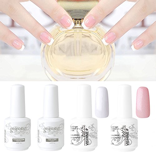 Vishine 15ml Kit Manicura Francesa Uñas de Gel Laca Shellac Esmalte Semipermanente Color Gel French Manicure Rosa Blanco Laca Soak Off Top Coat Base Coat UV LED Manicura Arte