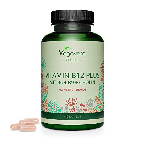 Vitamina B12 PLUS Vegavero® | Calidad: Las 2 Formas Activas + Ácido Fólico + B6 + Colina | Vegana & Sin Aditivos | Energía + Sistema Nervioso + Cansancio & Fatiga* | 180 Cápsulas
