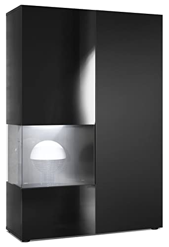 Vitrina Cómoda Morena, Cuerpo en Negro Mate/Puerta Derecha e inserción en Negro Mate con iluminación LED
