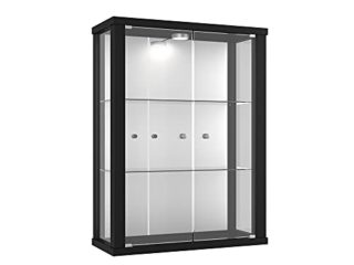 Vitrina Mueble de pared 80x60x25 cm negro con 2 estantes de vidrio, espejo y iluminación LED