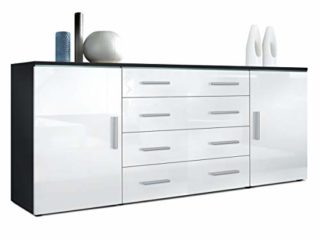 Vladon Cajonera Faro V2, Cómoda con 2 Puertas y 4 Cajones, Negro Mate/Blanco de Alto Brillo (166 x 72 x 35 cm)