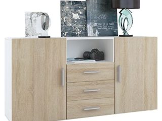 Vladon Cajonera Skadu, Cómoda con 2 Puertas, 3 Cajones y 1 Compartimento Abierto, Blanco Mate/Roble áspero (139 x 72 x 35 cm)