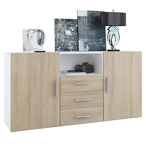 Vladon Cajonera Skadu, Cómoda con 2 Puertas, 3 Cajones y 1 Compartimento Abierto, Blanco Mate/Roble áspero (139 x 72 x 35 cm)