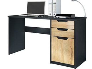 Vladon Escritorio Logan, Mesa Oficina con 2 Cajones y 1 Puerta, Negro Mate/Roble Natural (129 x 76 x 60 cm)