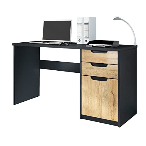 Vladon Escritorio Logan, Mesa Oficina con 2 Cajones y 1 Puerta, Negro Mate/Roble Natural (129 x 76 x 60 cm)