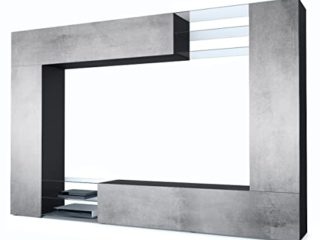 Vladon Mueble de salón Mirage, 2 Puertas, 2 Puertas abatibles y 6 Estantes de Cristal Abiertos, Negro Mate/Hormigón Oxidado (262 x 183 x 39 cm)