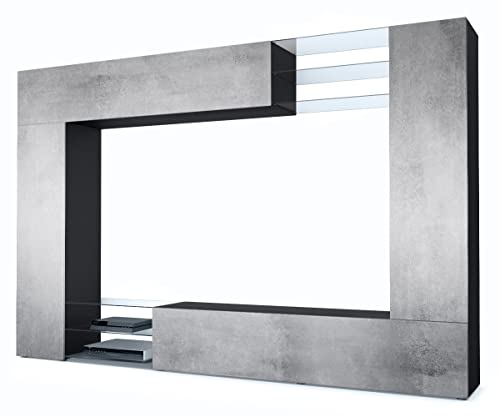 Vladon Mueble de salón Mirage, 2 Puertas, 2 Puertas abatibles y 6 Estantes de Cristal Abiertos, Negro Mate/Hormigón Oxidado (262 x 183 x 39 cm)