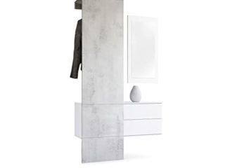 Vladon Mueble recibidor Carlton Set 2, Mueble de Entrada Compuesto por 1 Perchero, 1 Armario de cajones y 1 Espejo de Pared, Blanco Mate/Hormigón Oxidado (105 x 193 x 35 cm)