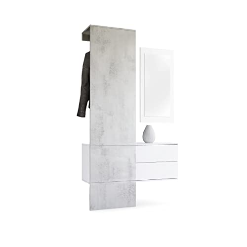 Vladon Mueble recibidor Carlton Set 2, Mueble de Entrada Compuesto por 1 Perchero, 1 Armario de cajones y 1 Espejo de Pared, Blanco Mate/Hormigón Oxidado (105 x 193 x 35 cm)