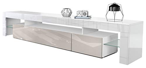Vladon Mueble TV Lima V2, Mueble Televisor con 2 Puertas abatibles, 1 Compartimento Abierto y 2 Estantes de Cristal, Blanco de Alto Brillo/Gris Arena de Alto Brillo (189 x 38 x 35 cm)