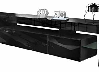 Vladon Mueble TV Lima V2, Mueble Televisor con 2 Puertas abatibles, 1 Compartimento Abierto y 2 Estantes de Cristal, Negro de Alto Brillo/Negro de Alto Brillo (189 x 38 x 35 cm)