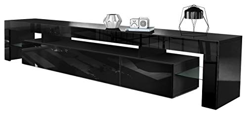 Vladon Mueble TV Lima V2, Mueble Televisor con 2 Puertas abatibles, 1 Compartimento Abierto y 2 Estantes de Cristal, Negro de Alto Brillo/Negro de Alto Brillo (189 x 38 x 35 cm)