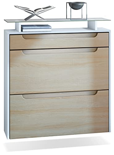 Vladon Zapatero Annie para 16 Pares de Zapatos con 2 Puertas abatibles y Estante de Cristal, Blanco Mate/Roble áspero, molduras en Roble áspero (89 x 96 x 23 cm)