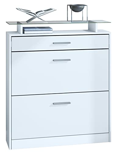 Vladon Zapatero Loret, Armario para Zapatos para 16 Pares de Zapatos con 2 Puertas abatibles y 1 Cajón y Estante de Cristal, Blanco Mate/Blanco Mate (89 x 104 x 23 cm)
