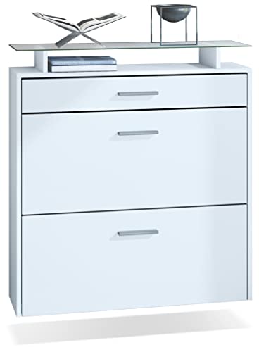 Vladon Zapatero Malea, Zapatero Colgante para 16 Pares de Zapatos con 2 Puertas abatibles y 1 Cajón y Estante de Cristal, Blanco Mate/Blanco Mate (89 x 96 x 23 cm)
