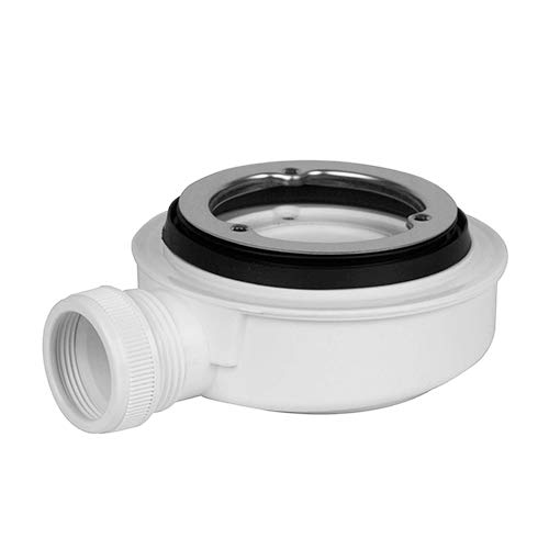 Válvula de Desagüe para Platos de Ducha | Sifón para plato de ducha- 140 mm de diámetro | Aro de Sujeción de Acero Inoxidable brillo con fijación mediante 3 Tornillos | Con Contenedor de Residuos