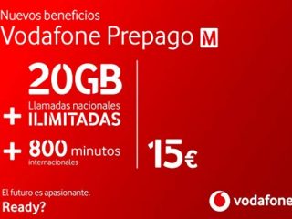 Vodafone Prepago M 20GB + llamadas ilimitadas nacionales (800 min internacionales) Roaming Europa EEUU
