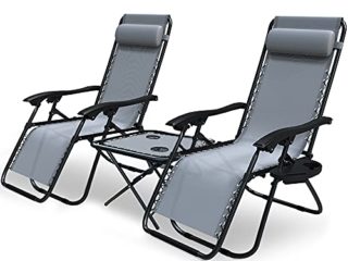 VOUNOT Set de 2 Tumbona Jardín Exterior Plegable con Mesa Auxiliar Portavasos, Silla Reclinable con Reposacabeza Extraíble, Carga Máxima 120KG, Gris