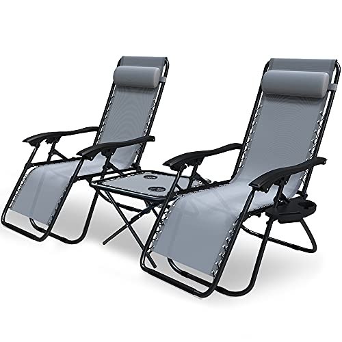 VOUNOT Set de 2 Tumbona Jardín Exterior Plegable con Mesa Auxiliar Portavasos, Silla Reclinable con Reposacabeza Extraíble, Carga Máxima 120KG, Gris