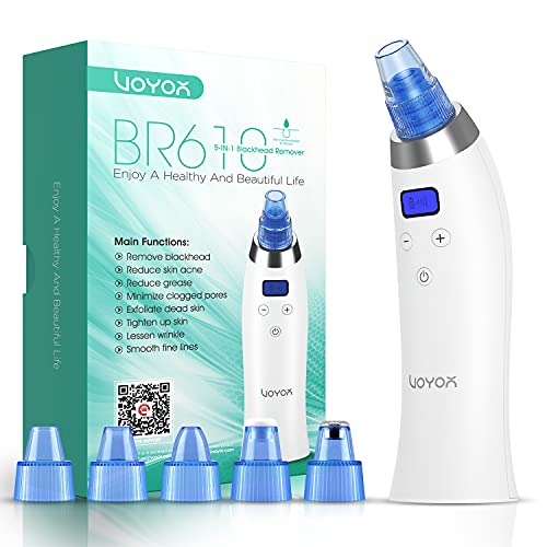 VOYOR 5-In-1 Limpiador de Poros Electrico Extractor Puntos Negros Kit Eliminador Puntos Negros Nariz Succionador de Punto Negro Quita Espinillas y Puntos Negros y Acné Cabezal de Reemplazo LCD BR610