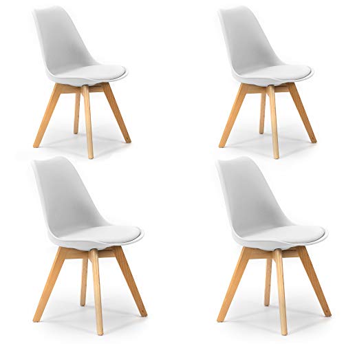 VS Venta-stock Pack 4 sillas Klara Blanco, Pata Madera y Asiento Acolchado, Estilo nórdico