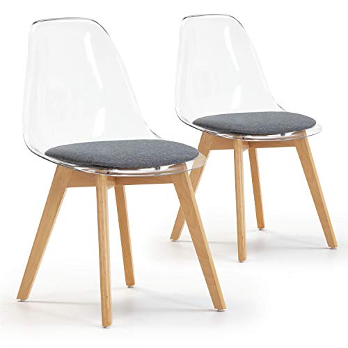 VS Venta-stock Set de 2 sillas Comedor Bruno Transparentes con cojín en el Asiento, certificada por la SGS, 54 cm (Ancho) x 49 cm (Profundo) x 84 cm (Alto)