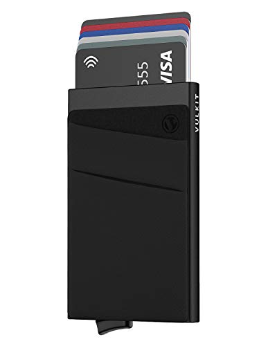 VULKIT Tarjeteros para Tarjetas de Credito Aluminio Automática Pop-up Tarjetero con Bolsillo Guardar Tarjetas y Billetes para Hombre o Mujer, Negro