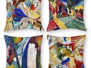 Wassily Kandinsky - Juego de 4 fundas de almohada abstractas de 45 x 45 cm, diseño de paisaje con dos álamos, la cascada de pintura decorativas para sofá