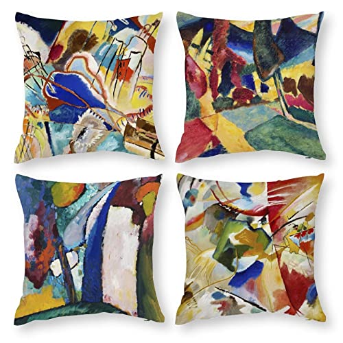 Wassily Kandinsky - Juego de 4 fundas de almohada abstractas de 45 x 45 cm, diseño de paisaje con dos álamos, la cascada de pintura decorativas para sofá