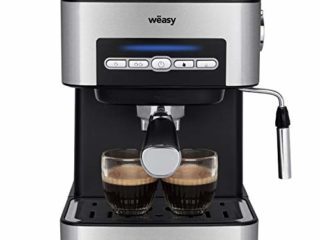 Wëasy KFX32 Maquina de Café Espresso Programable, 850 W, 15 Tazas, Depósito de 1.6 litros, Presión Bomba 20 Bares, Brazo Doble Salida, Vaporizador, Superficie Calientatazas, Acero Inoxidable, Plata