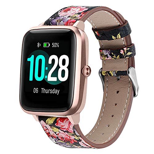 WATORY Correa de repuesto para reloj inteligente Veryfitpro ID205L, 19 mm, de piel auténtica, de primera calidad, para ID205L, Willful SW021, YAMAY SW021 y LIFEBEE ID205L, diseño de flores
